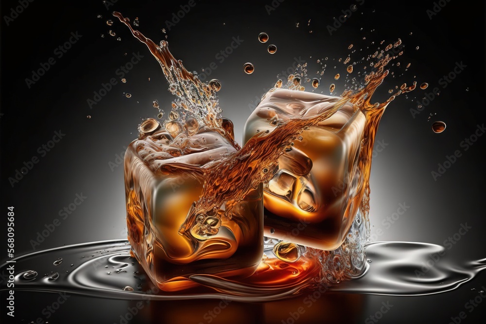 Poster two ice cubes with water splashing out of them on a black background with a splash of water on top o