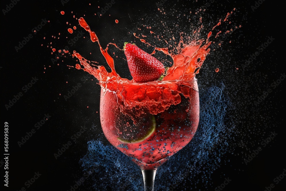 Aufkleber a red drink with a slice of lime in it and splashing water on the side of the glass and on the side 
