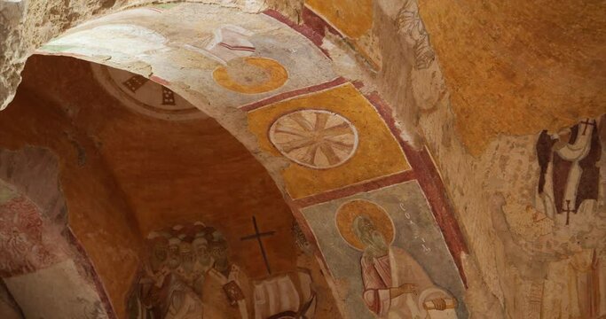 Turkey, Demre-Mira -Limira. Wall painting and wall frescoes in the ancient Orthodox Church of St Nicholas the Wonderworker. The concept of ancient historical Orthodox shrines in the East