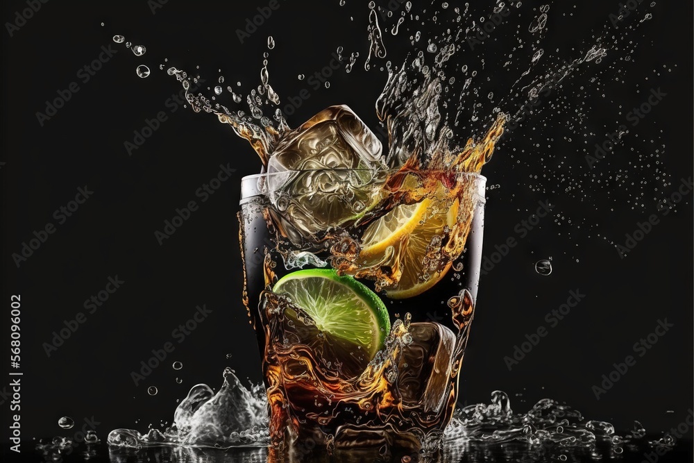 Poster a glass filled with ice and limes with water splashing around it on a black background with a splash