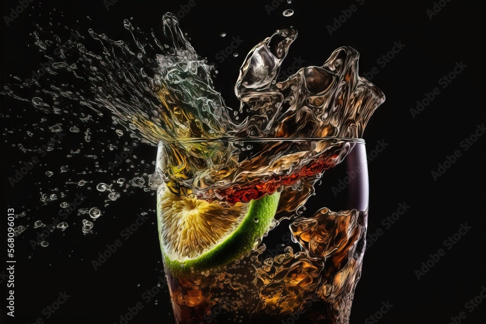 Poster a glass of soda with a lime slice and water splashing out of the top of the glass on a black backgro