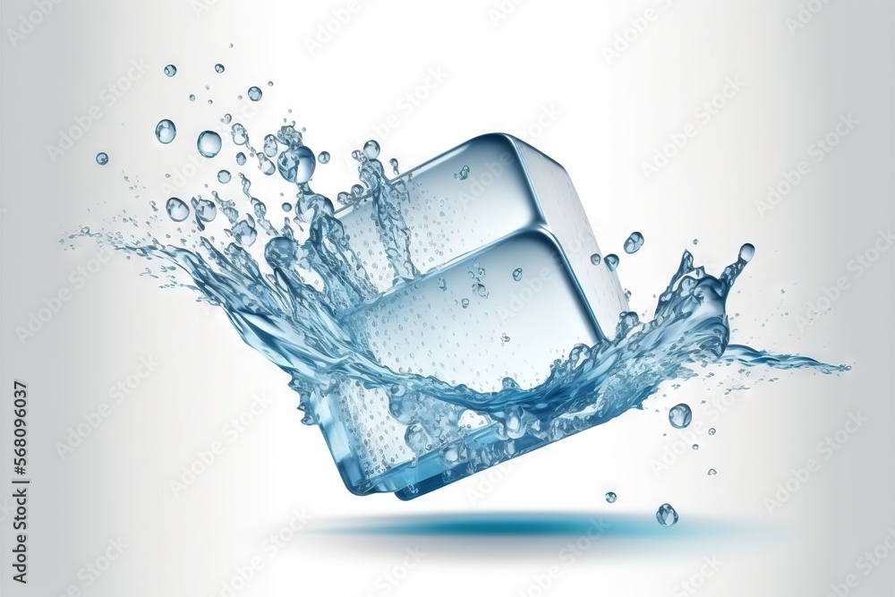 Poster an ice cube with water splashing out of it on a white background with a light blue background and a 