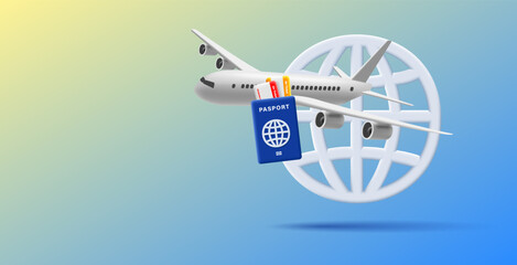 3d airplane illustration with passport and boarding pass inside in front of big volume world icon, airlines company