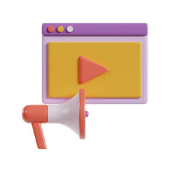 3D illustration of video player window with megaphone, digital marketing and video promotion concept isolated