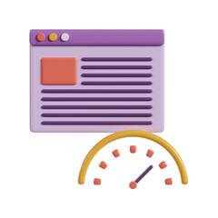 3D illustration of website browser with speedometer, page speed optimization and performance concept isolated
