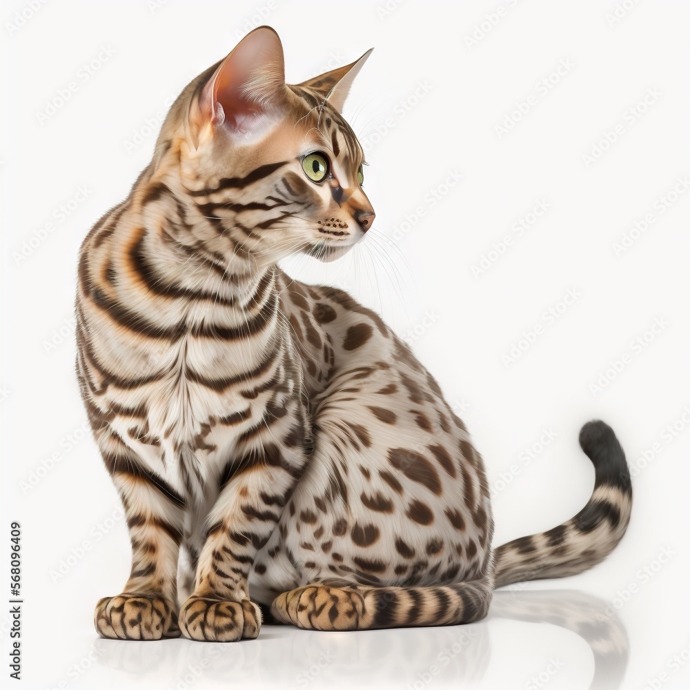 Poster a striped cat sitting on a white surface with its eyes open and looking at the camera with a curious