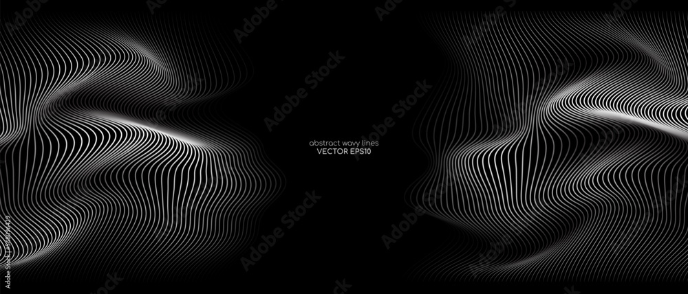 Poster 3D Vector wave lines pattern smooth curve flowing dynamic white light isolated on black background for concept of technology, digital, communication, science, music.