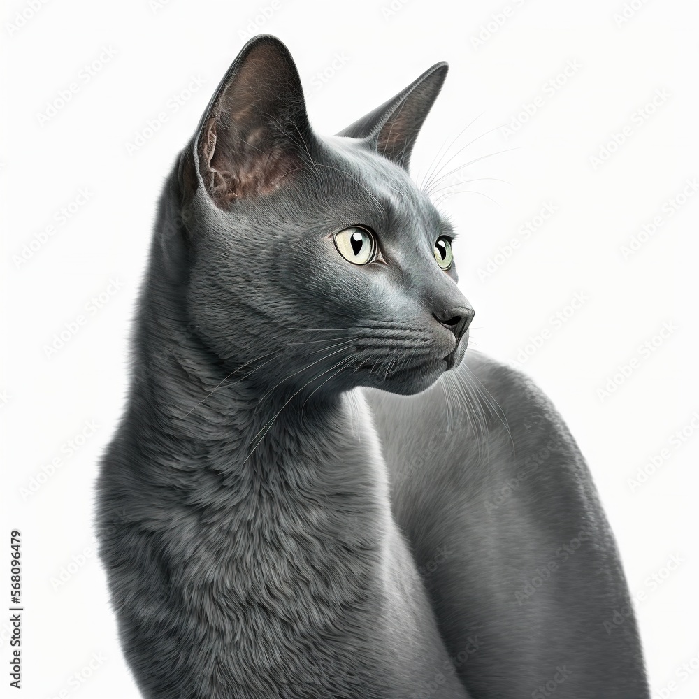 Poster a gray cat is looking at something with a serious look on its face and shoulders, while the cat is l