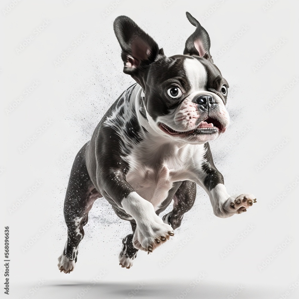 Aufkleber a small dog jumping in the air with its mouth open and eyes wide open, while it's head is up and it'