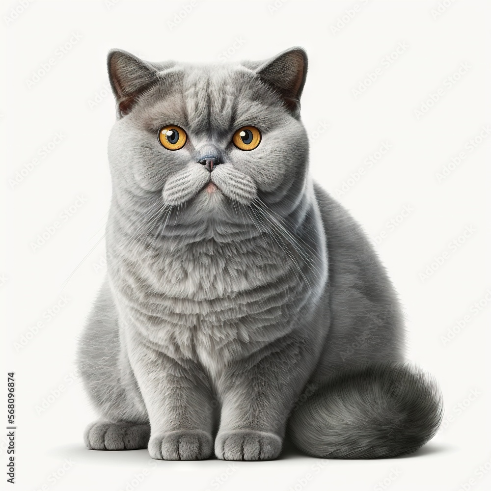 Poster a gray cat with yellow eyes sitting down and looking at the camera with a serious look on its face, 