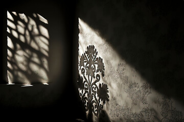 Dark empty scary room, rays of light from the window, dark corridor, moon, moonlight, shadows on the wall. AI