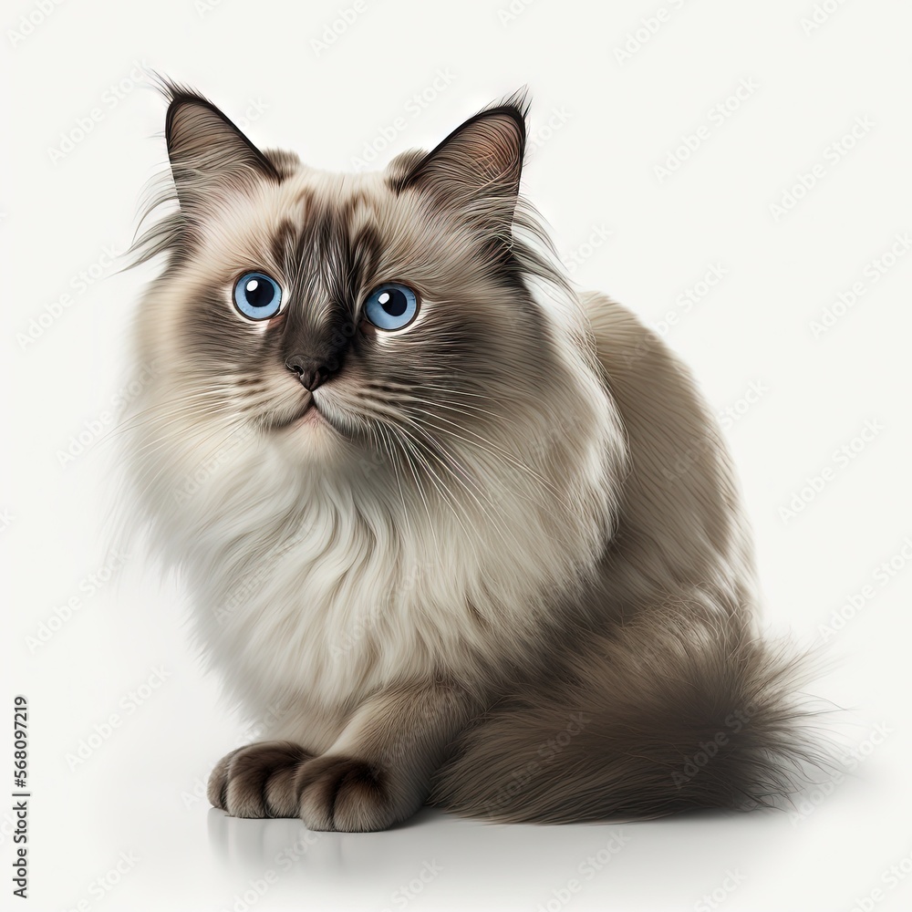 Poster a cat with blue eyes sitting on a white surface with its paw on the ground and looking at the camera