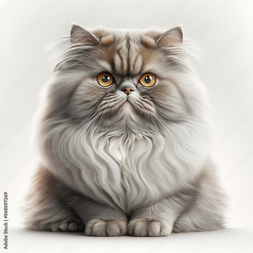 Poster a fluffy cat with yellow eyes is sitting on a white background and looks at the camera with a seriou