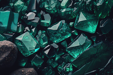 mineral stone with green crystals. Gems. crystals of minerals in their natural habitat. precious and semiprecious stone textures. seamless background with tinted lustrous surface of precious stone in