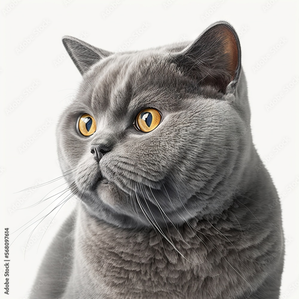 Poster a gray cat with yellow eyes looking up at the camera with a white background and a white background 