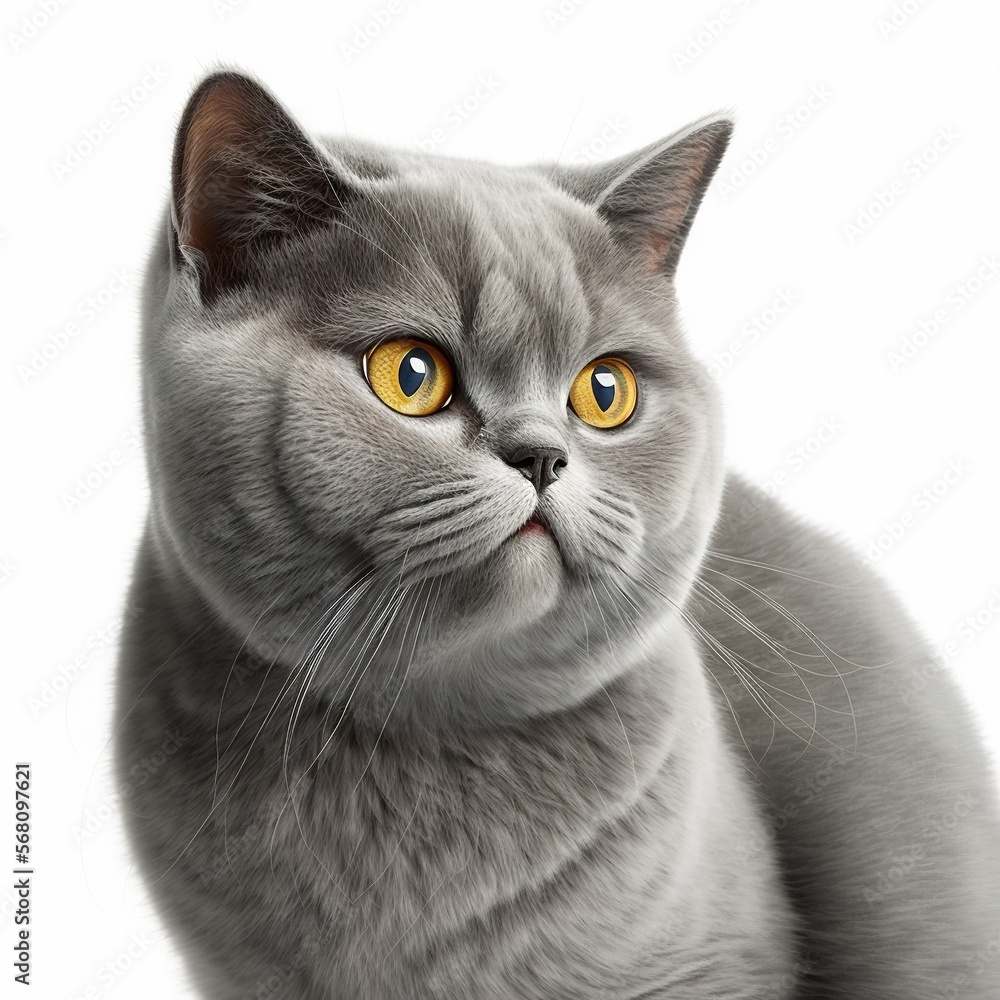 Poster a gray cat with yellow eyes looking up at the camera with a white background and a white background 