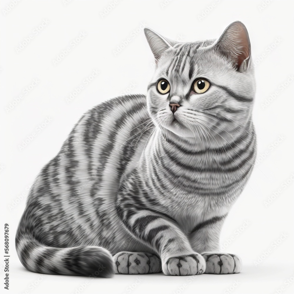 Poster a drawing of a cat sitting on a white background with a black and white stripe pattern on it's chest