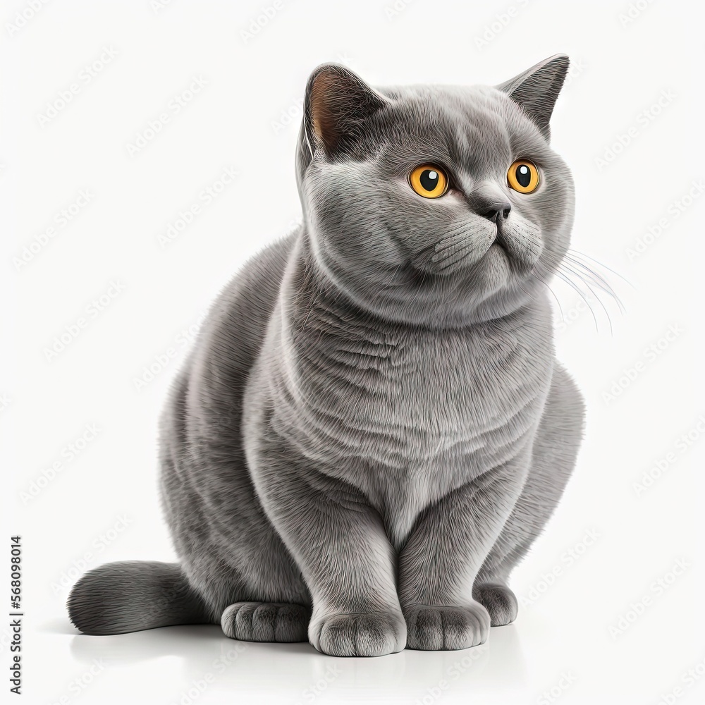 Poster a gray cat with yellow eyes is sitting on a white surface and looking at the camera with a curious l