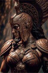 Portrait of an ancient female spartan warrior. Fantasy armor, woman, soldier, wallpaper, acryl, oil on canvas created with AI.