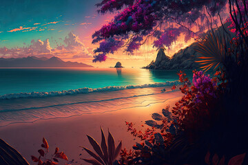 Painting of a tropical beach at sunset. Post-processed Generative AI illustration