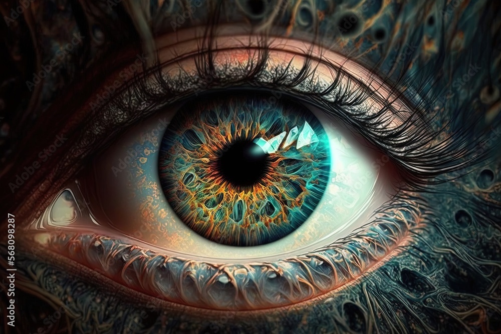 Poster a close up of a blue eye with a pattern on it's iris and a black eyeball in the center of the iris. 