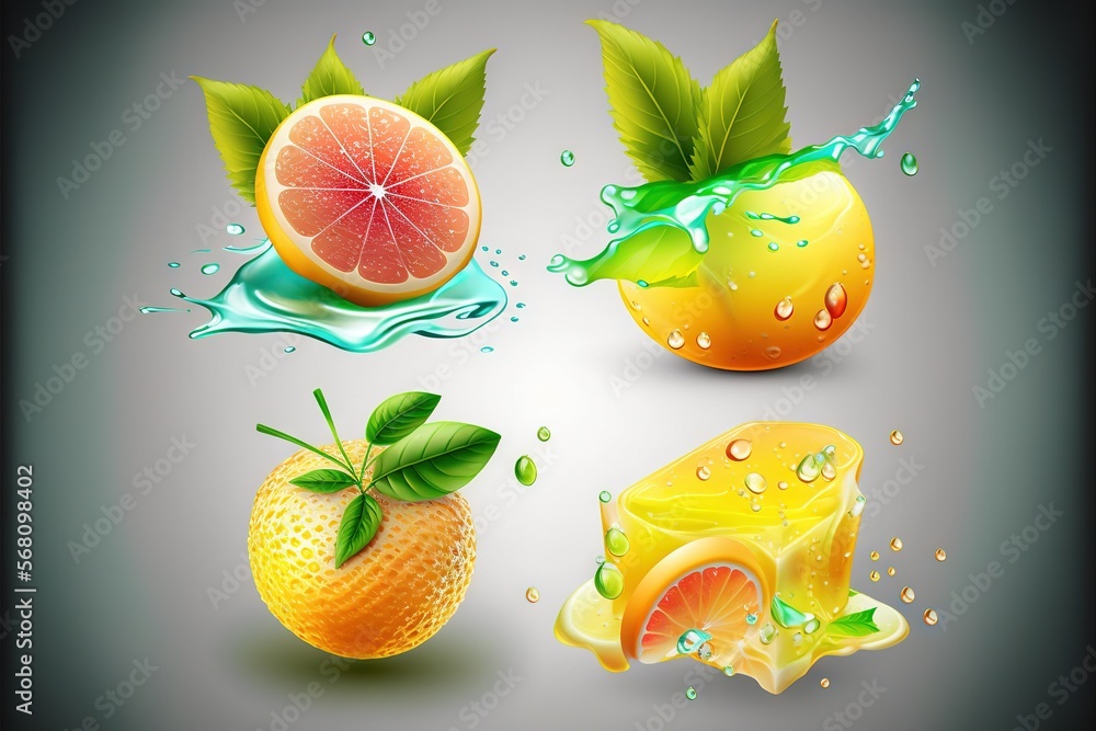 Poster a group of fruit with water splashing on them and a slice of orange with leaves on top of it and ano