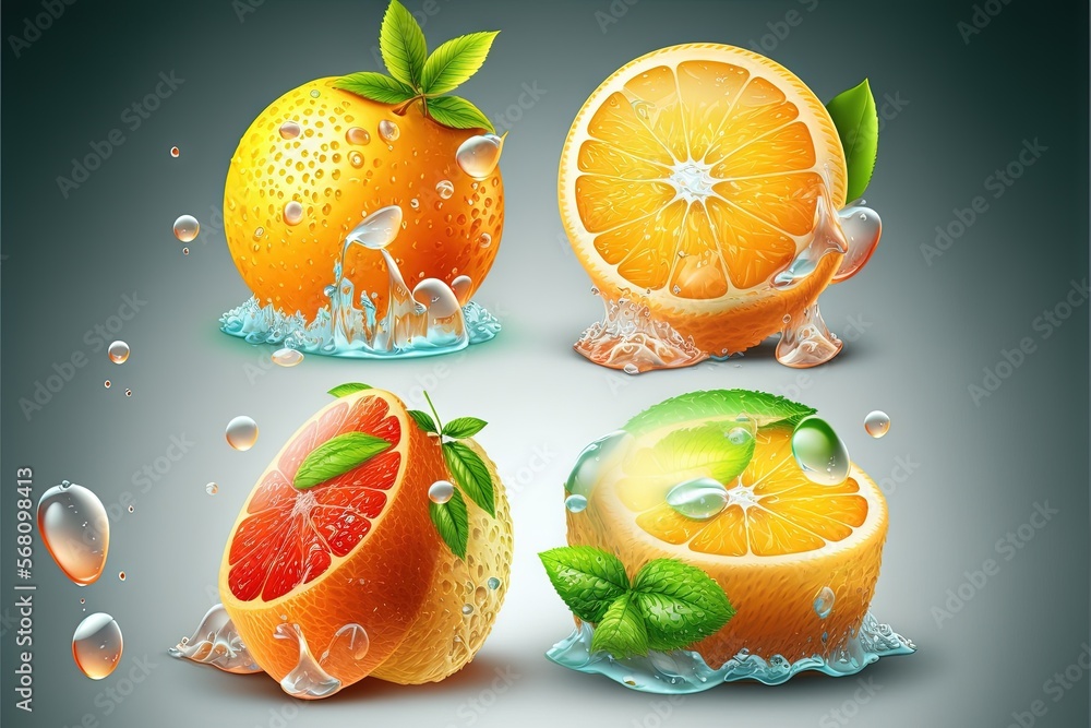 Poster a group of oranges with water splashing on them and leaves on them, with water droplets around them,