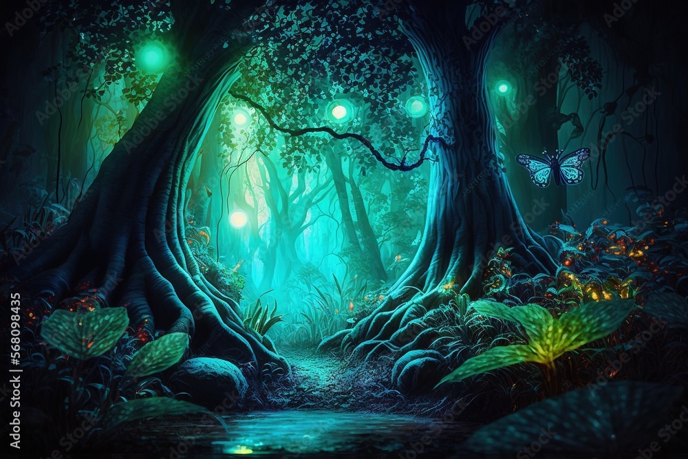 Poster a painting of a forest scene with a stream and a glowing light at the end of the tree trunk, and a b