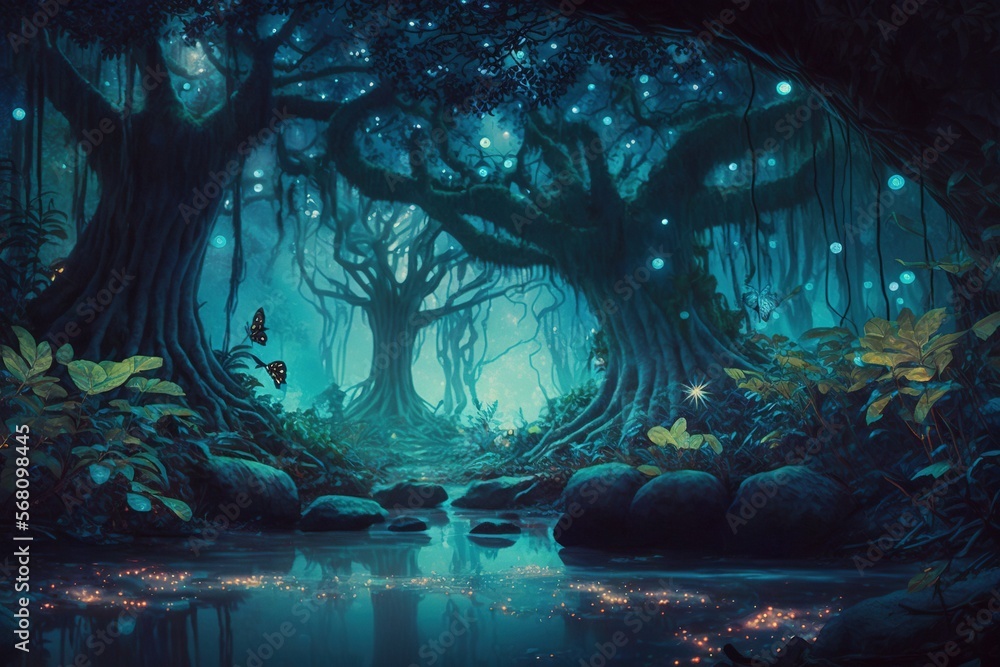 Poster a painting of a forest scene with a stream running through the center of the forest, surrounded by r