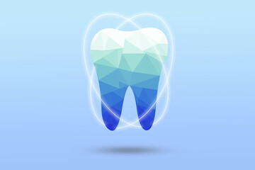 Blue and white tooth with low polygon and with glowing effect. 3d Tooth polygonal illustration. Dentistry services mesh and teeth protection concept.