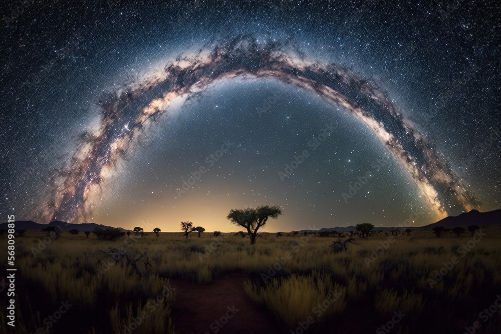 Poster a view of the night sky from a distance with a tree in the foreground and the milky in the backgroun