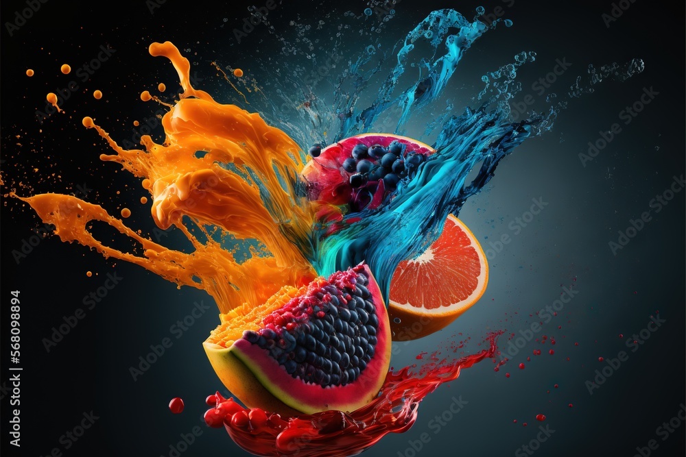 Poster a bunch of fruit that are in the air with water splashing on them and on top of each other and on a 