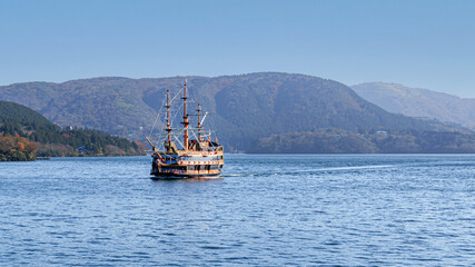 A pirate ship on beautiful Lake Ashi during autumn season	