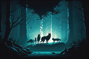 Digital paint of Flock of wolves at night, the leader howls. illustration painting (ai generated)