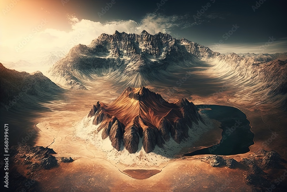 Poster a computer generated image of a mountain range in a desert area with a lake in the middle of the mou