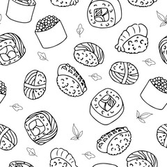 Seamless pattern Set for sushi. Different types of sushi and rolls. Traditional Japanese roll, with tobiko caviar, original with Philadelphia cheese and soy sauce, salmon and king prawns.