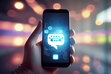 Artificial intelligence ai chat bot idea hands holding a phone against a blurred abstract background chatbot providing website support