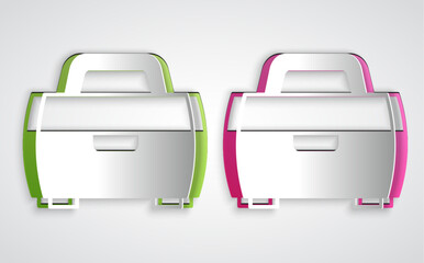 Paper cut Case or box container for wobbler and gear fishing equipment icon isolated on grey background. Fishing tackle. Paper art style. Vector