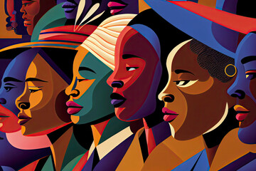 Naklejka premium Black History Month Abstract Togetherness African American Black Ethnicities Marching Celebrate Community Strength Activism Equality Diversity
