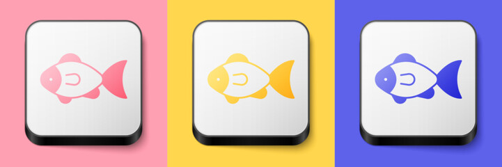 Isometric Fish icon isolated on pink, yellow and blue background. Square button. Vector