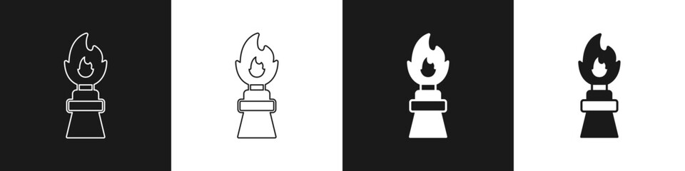 Set Oil rig with fire icon isolated on black and white background. Fire accident. Gas tower. Industrial object. Vector