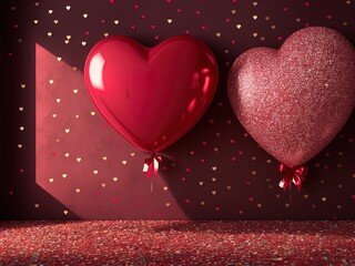 Heart shaped balloons in a room with glitter. Great for cards, flyers and more! Valentine's day. Romance. Wedding. 