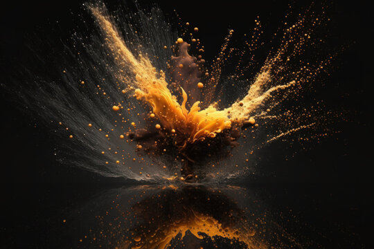 On A Background Of Black With An Individual Fire Particle Effect On Dust And Trash, A Motion Spray Burst With A Reflection In Water. Generative AI