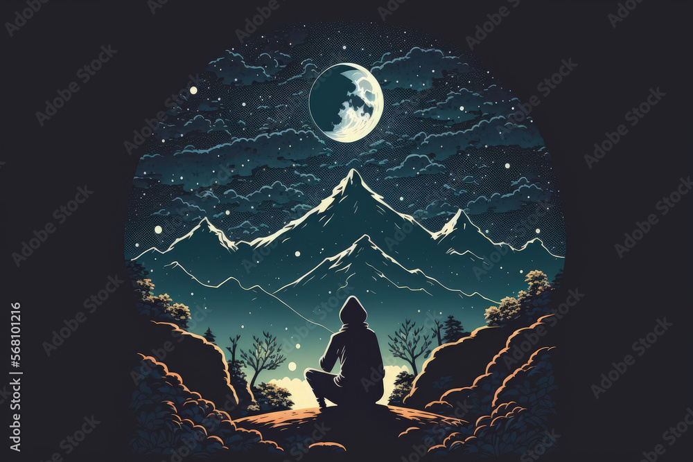 Wall mural person on the mountain outdoors meditating or praying at night with Milky Way and Moon background. Generative AI