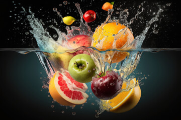 Fototapeta na wymiar ripe fruits dropping into water. Generative AI