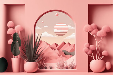 summer landscape minimal design, pink interior background with sky and summer plant, abstract geometric shape pastel pink. Generative AI