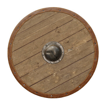 Wooden, round, medieval, viking shield with leather tacked edge. Unpainted. Isolated on white background. 3D rendering