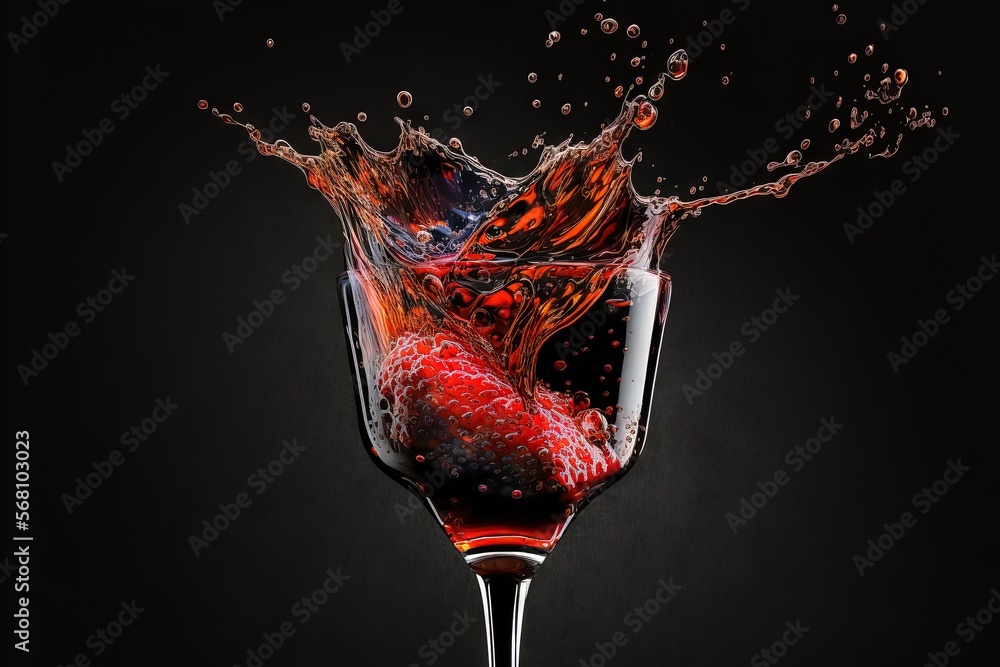 Poster a wine glass with a liquid splashing out of it on a black background with a black background and a r