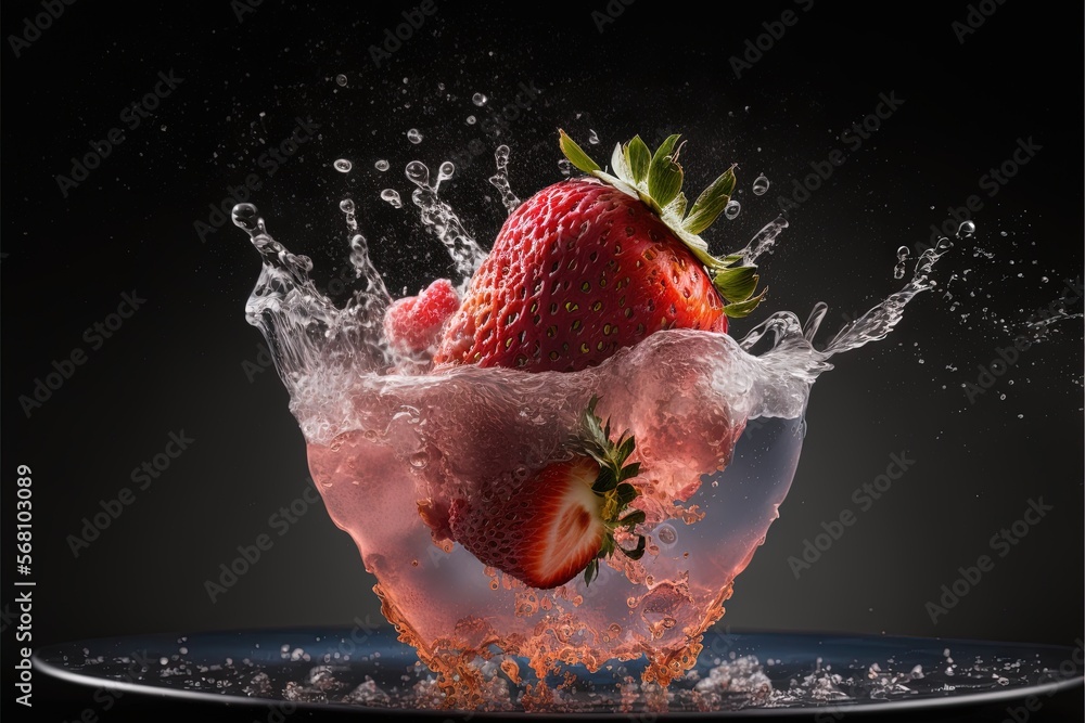 Poster a strawberry splashing into a glass of water on a black background with a black background and a bla