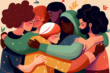 Group of friends illustration. Multicultural people. Friends hugging and embracing each other. Unity, equality concept